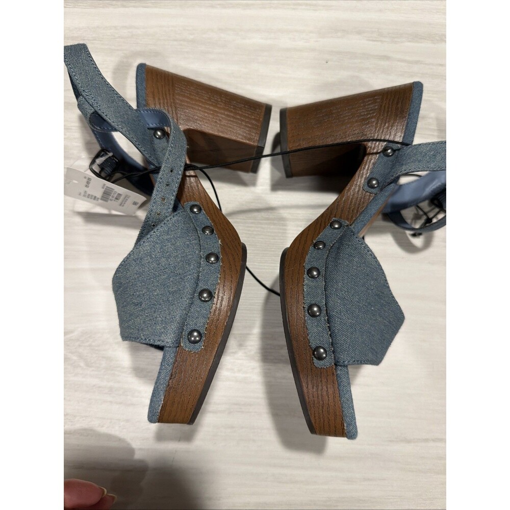 Y2K Sandals Denim Blue Faux Wood Block Heel Studded Strap Western Festival Sz 7